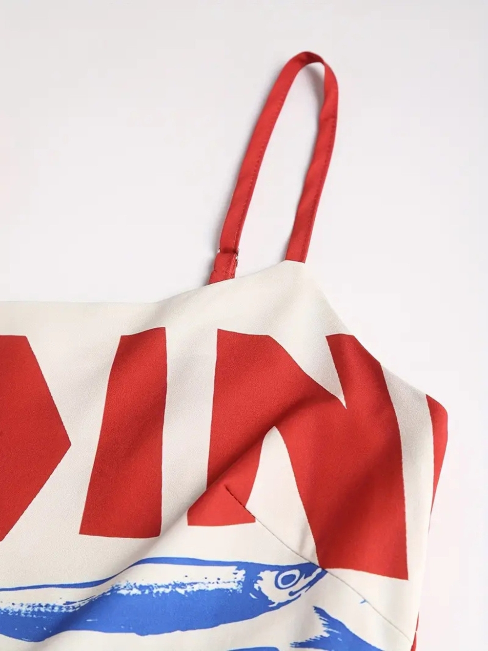 Graphic Spaghetti-Strap Midi Dress in White, Red & Blue - Picture 6 of 7
